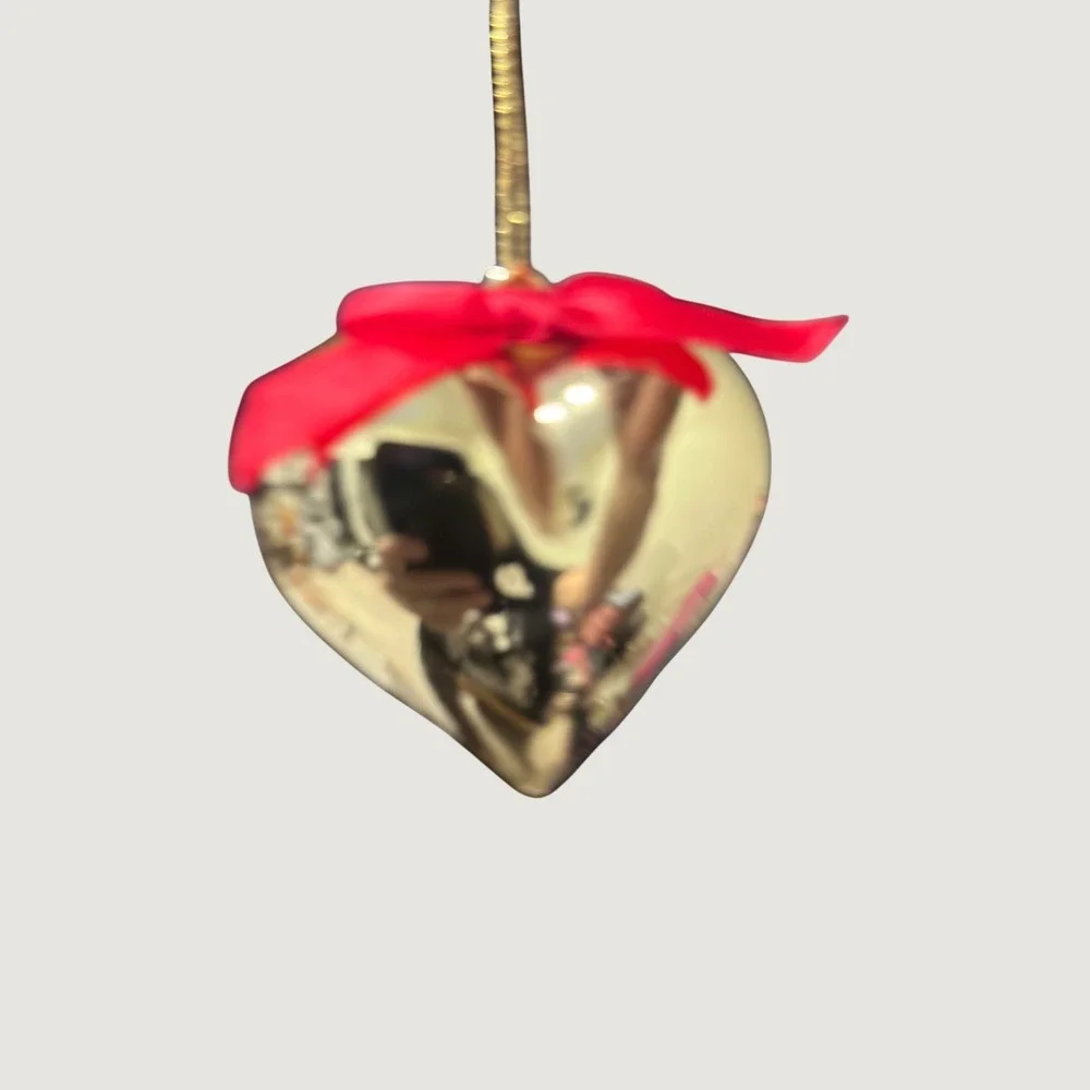 Gold‎ Heart Christmas Ornament with Red Bow Metallic  Holiday Decor